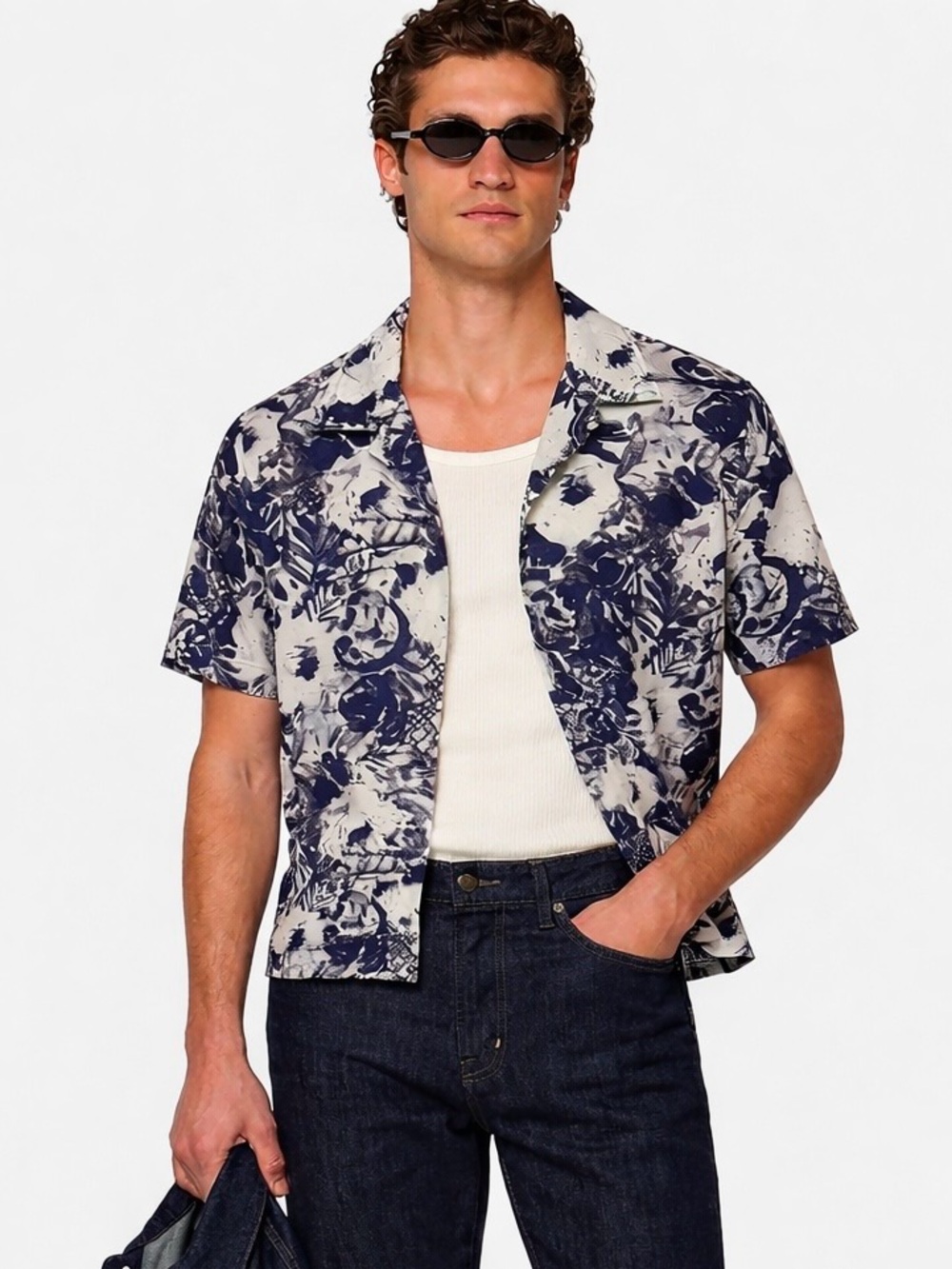 John Varvatos Navy Floral Danny Short Sleeve Camp Shirt Medium Resort Vacation